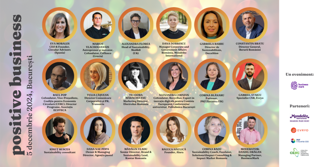 Conferința „POSITIVE BUSINESS – a talk about ESG, sustainabilty and positive impact in business”: 17 lideri discută, pe 5 decembrie, despre cum arată un business responsabil și tranziția spre o organizație mai sustenabilă Conferința „POSITIVE BUSINESS – a talk about ESG, sustainabilty and positive impact in business”: 17 lideri discută, pe 5 decembrie, despre cum arată un business responsabil și tranziția spre o organizație mai sustenabilă
